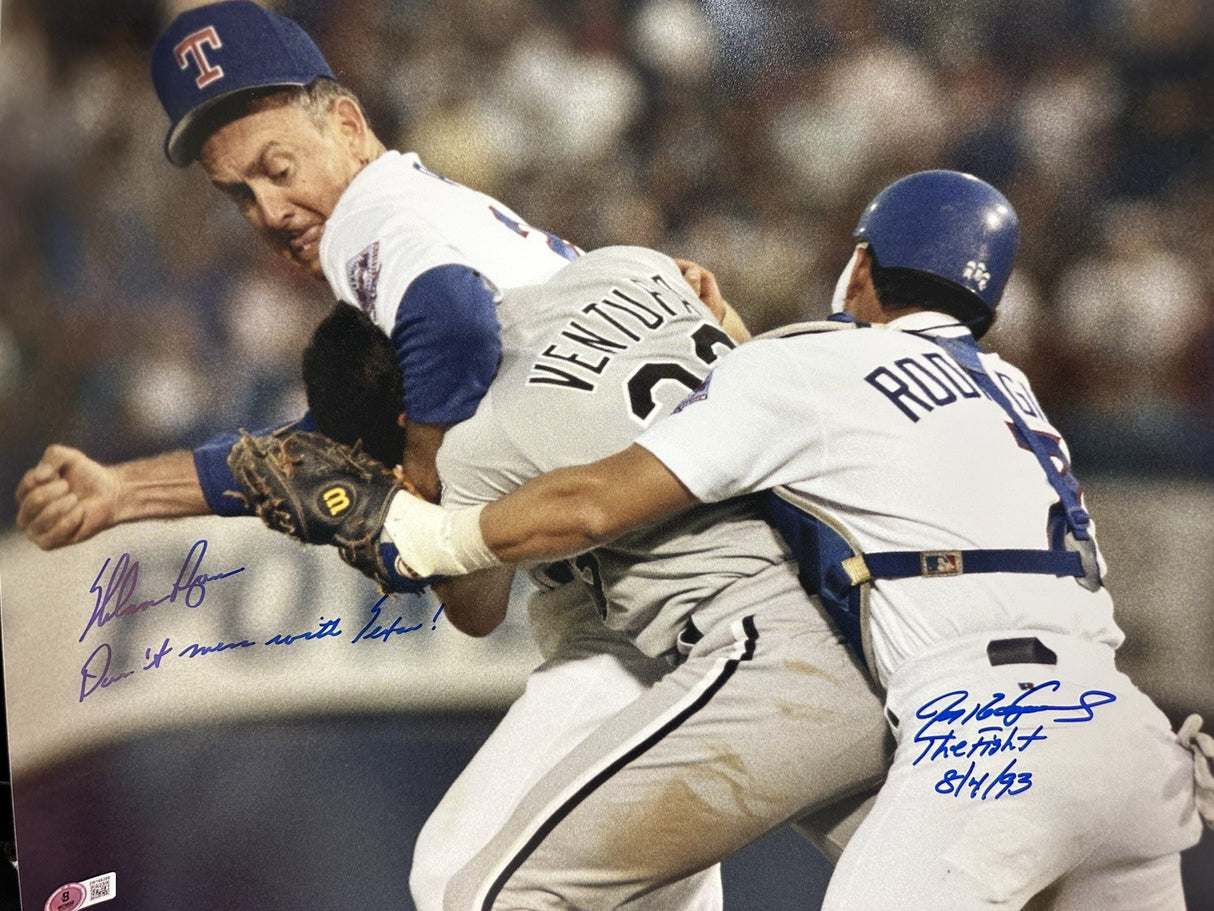 Nolan Ryan Ivan Rodriguez Dual-Signed Ventura Fight 16x20 Photo BAS Ryan Holo