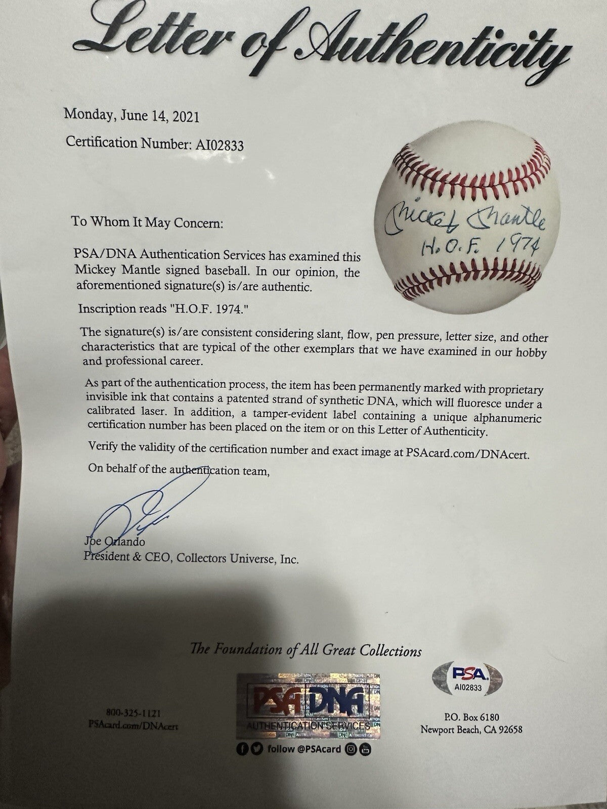 Mickey Mantle HOF 1974 Signed Baseball PSA/DNA LOA