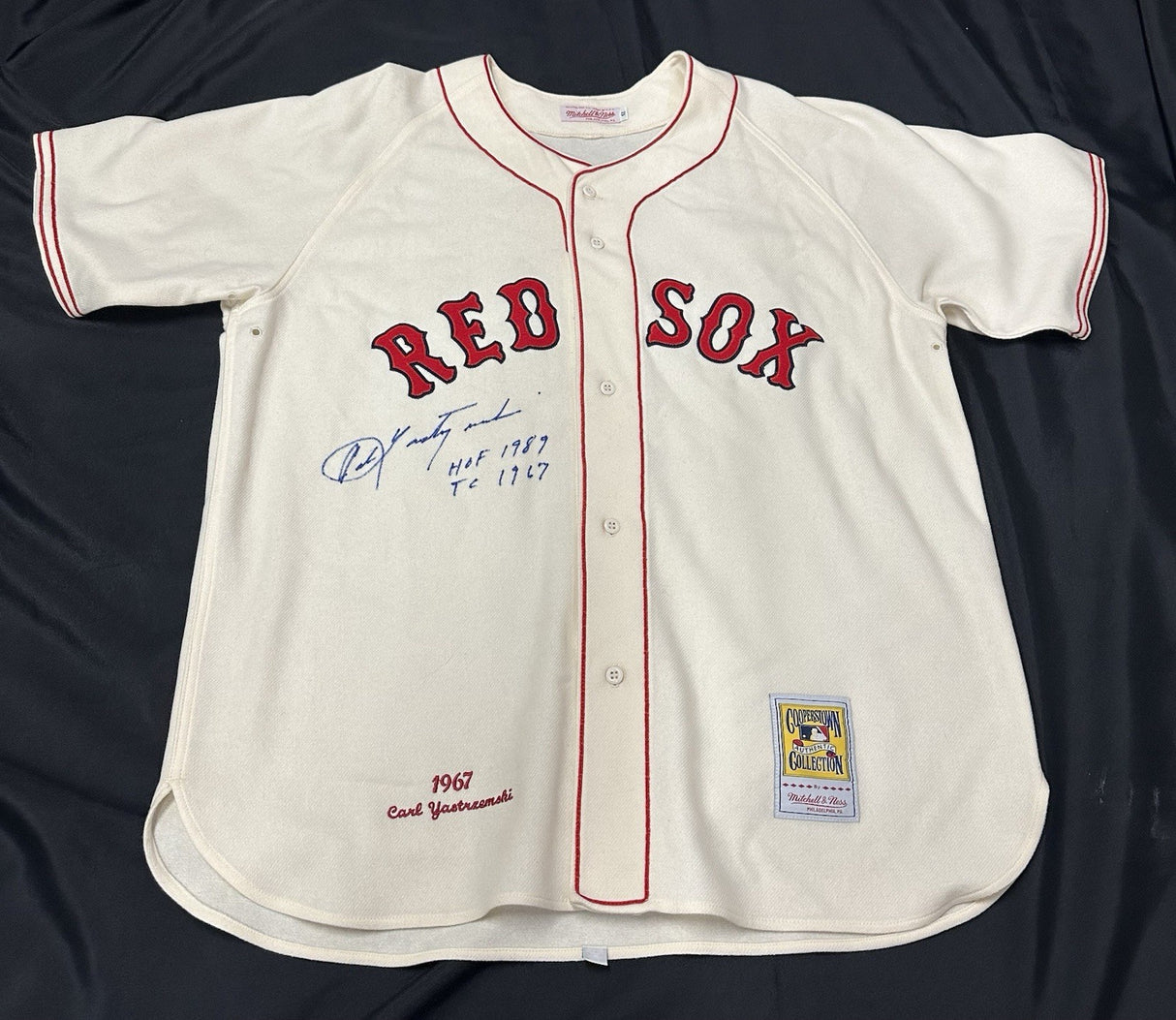 Carl Yastrzemski HOF 89 TC 67 Signed Authentic Mitchell Ness Red Sox Jersey PSA