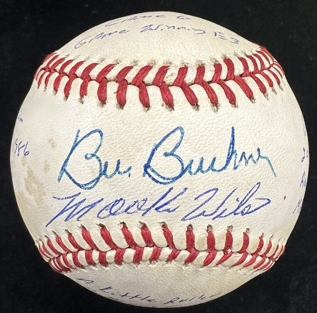 Mookie Wilson Bill Buckner 1986 WS Game 6 Stat Story Signed Baseball JSA PSA