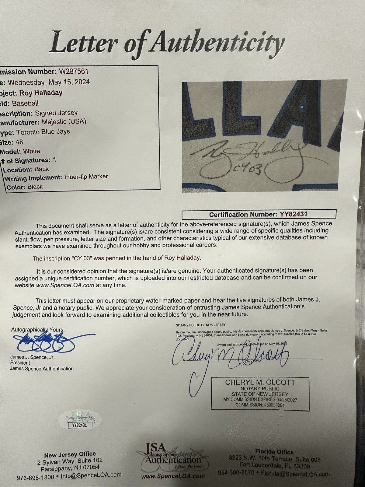 Roy Halladay CY 03 Signed Authentic Toronto Blue Jays Jersey JSA LOA