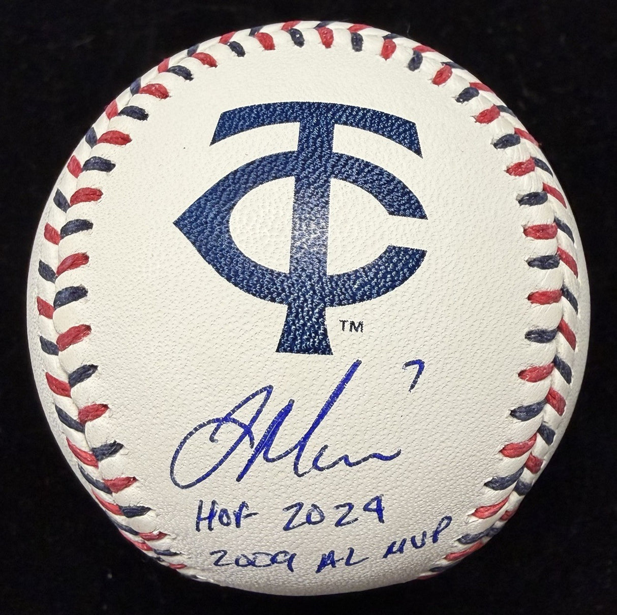 Joe Mauer HOF 24 09 AL MVP Signed Twins Team Stitch Logo Baseball Beckett Wit