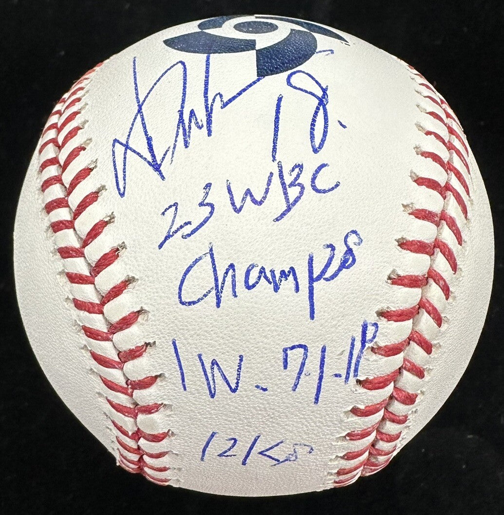 Yoshinobu Yamamoto 23 WBC Champs Signed 2023 WBC Logo Stat Baseball MLB Holo Fan