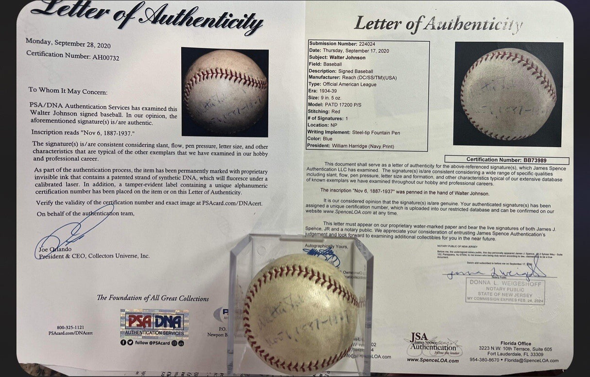 Walter Johnson Single Signed OAL Harridge Reach Baseball JSA PSA LOAs
