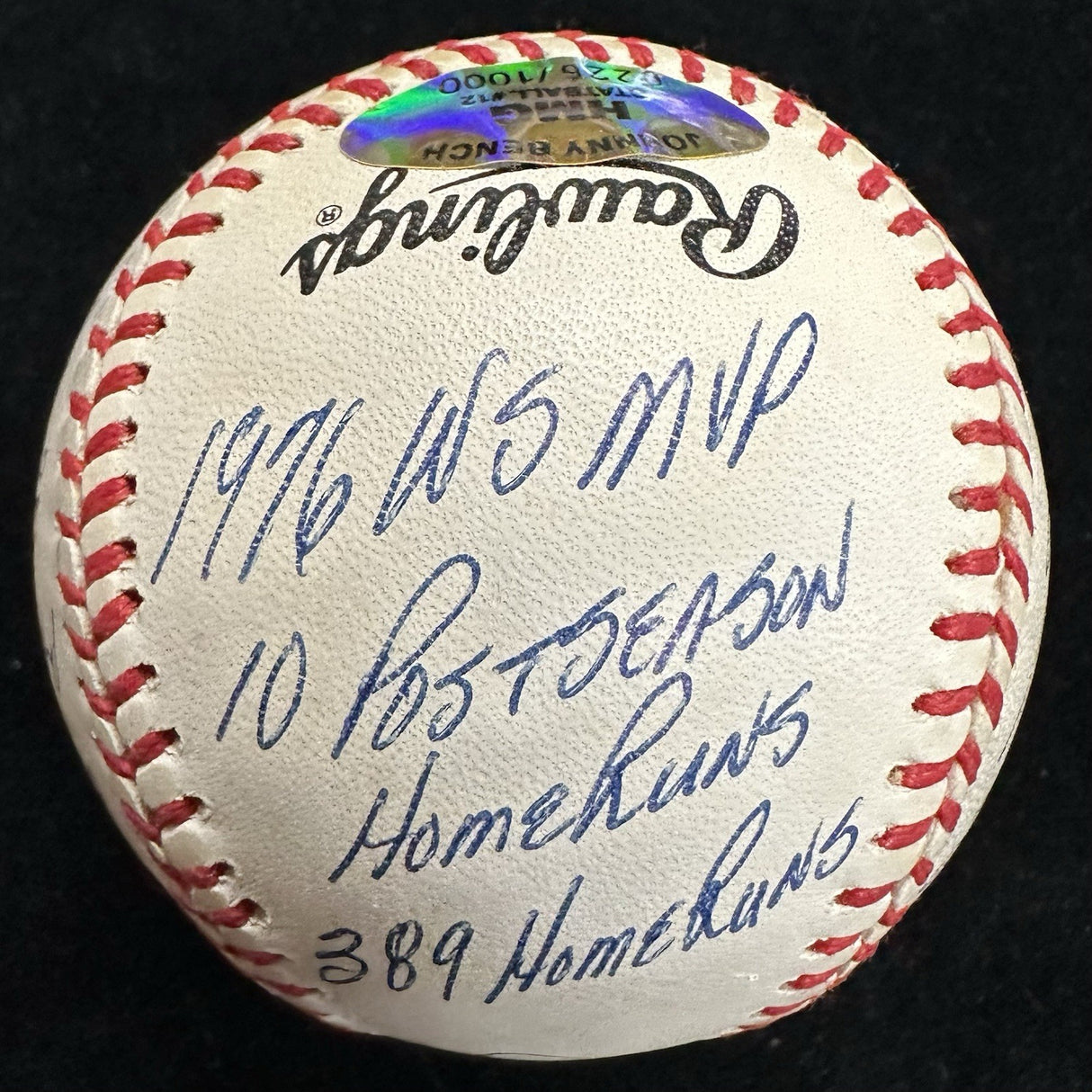 Johnny Bench HOF 89 MVP ROY Signed RJ Stat Baseball Reggie Jackson Holo