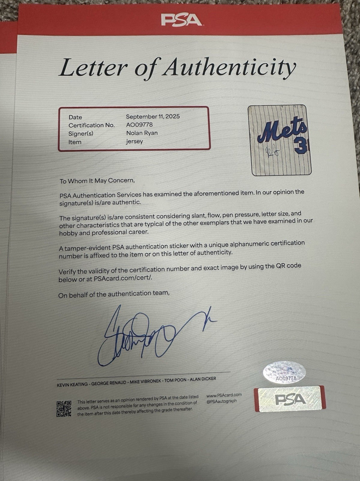 Nolan Ryan Signed Authentic New York Mets Mitchell Ness Jersey PSA/DNA LOA