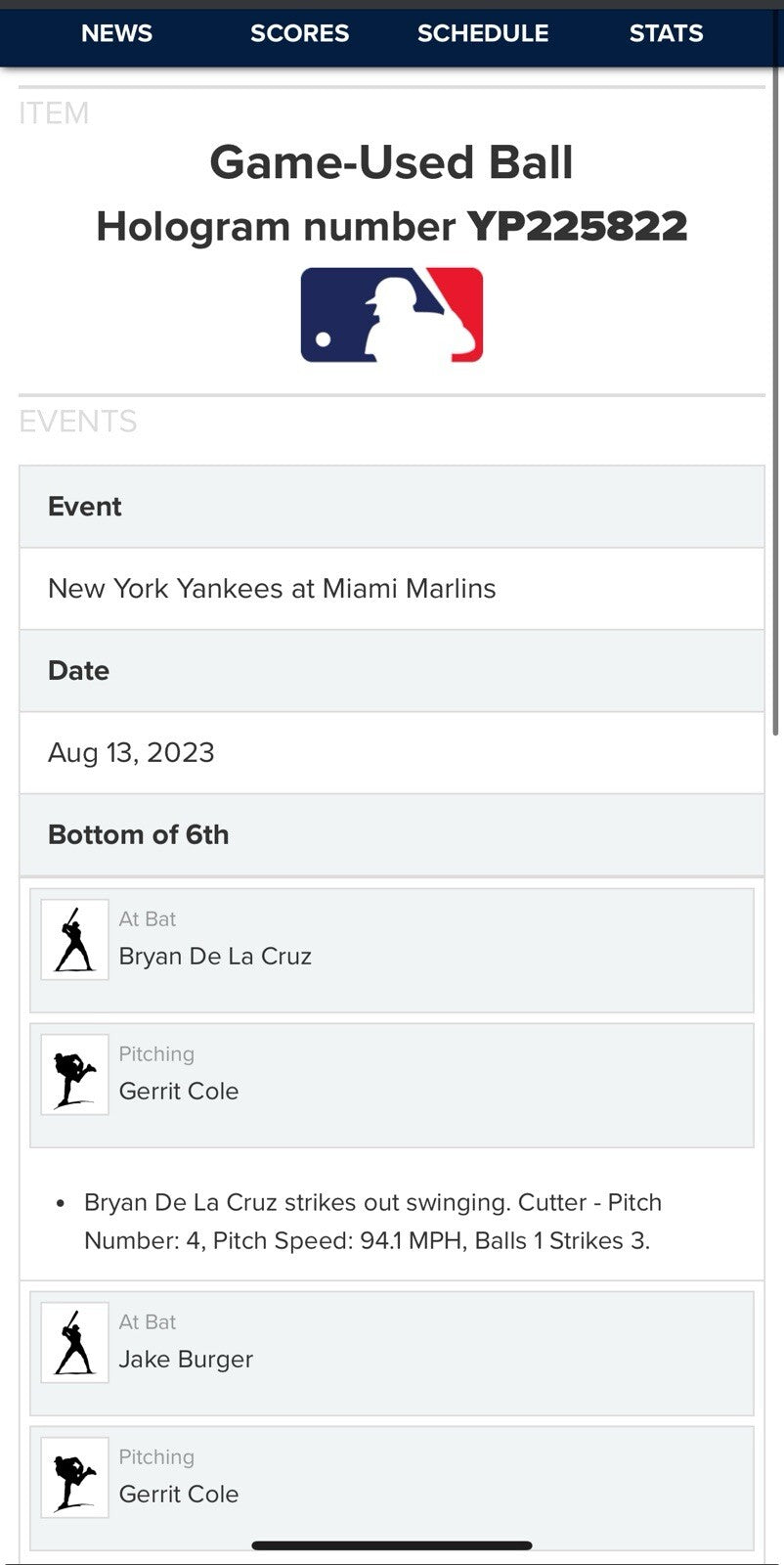 Gerrit Cole Game Used 2023 Cy Young Season Strikeout Baseball MLB Holo