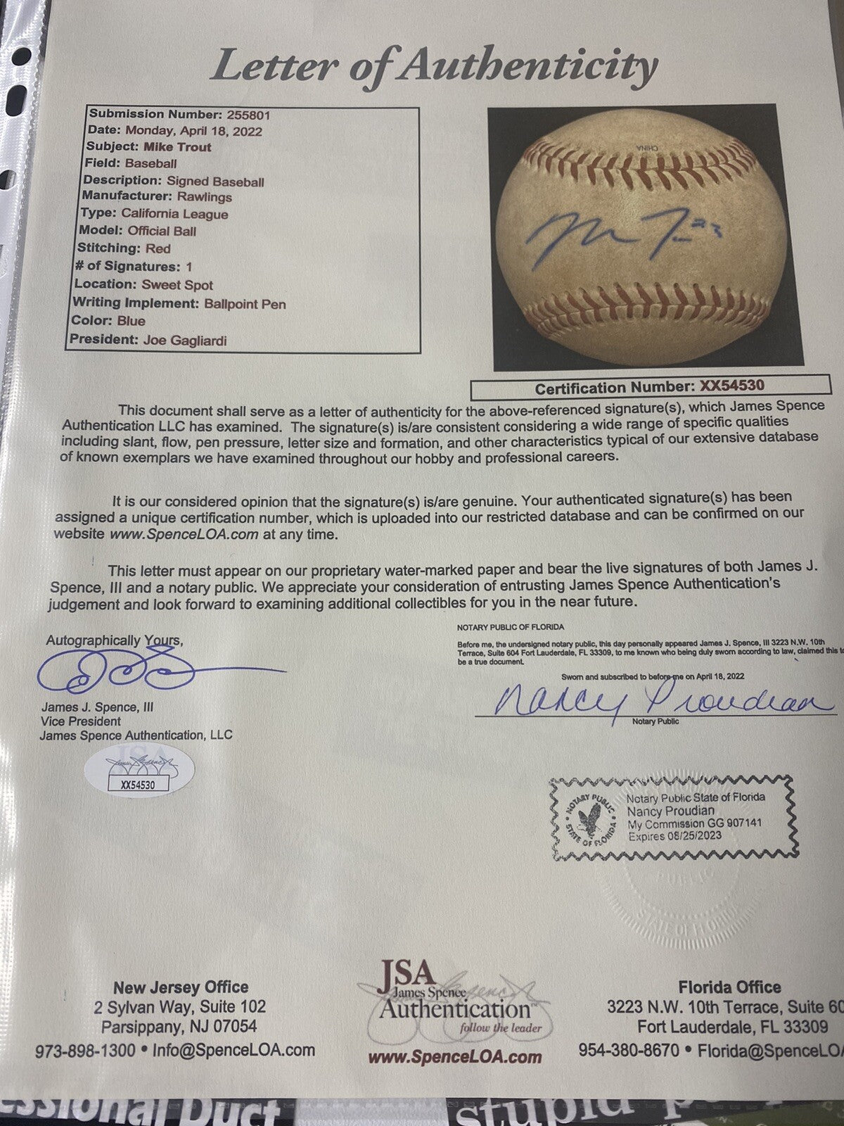 Mike Trout Signed Game Used Minor League California League Baseball JSA LOA