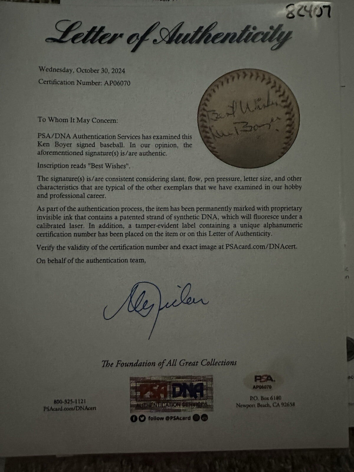 Ken Boyer Signed Game Used Home Run Baseball Beckett PSA/DNA LOA