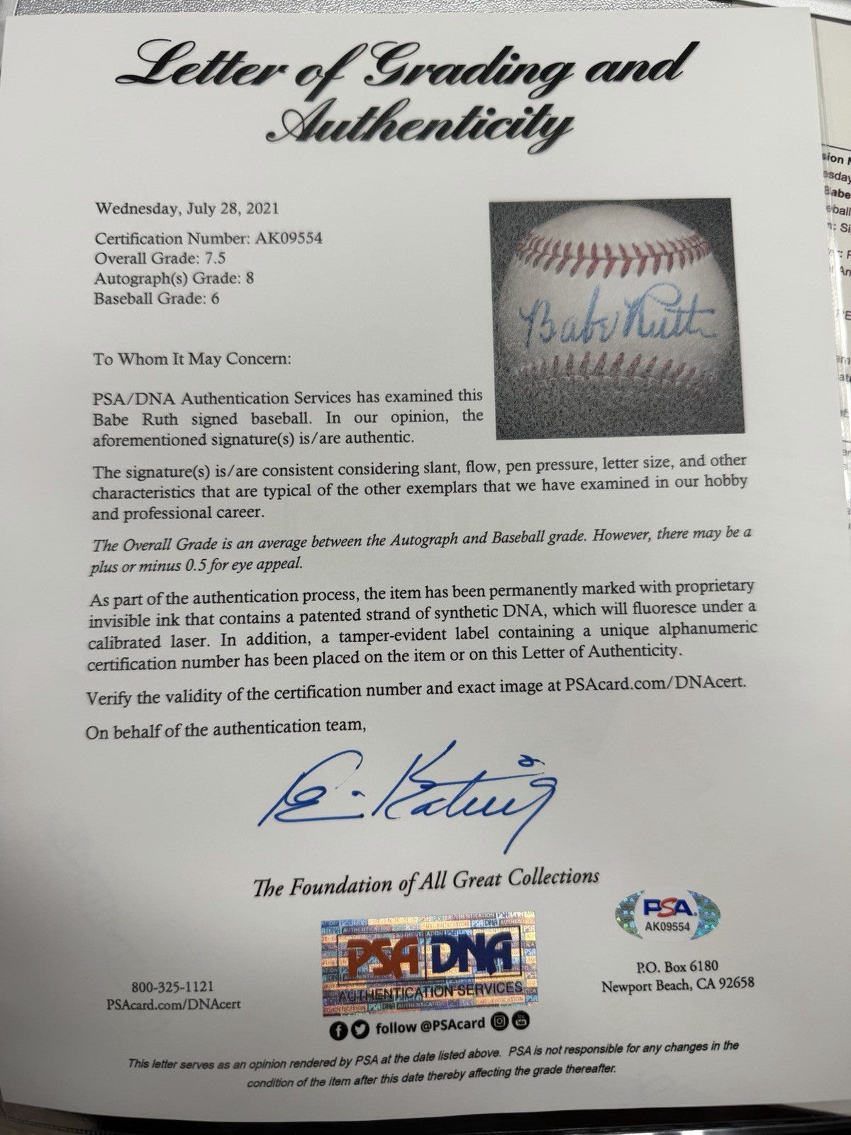 Babe Ruth Single Signed OAL Harridge Baseball JSA LOA PSA Graded 8 Signature