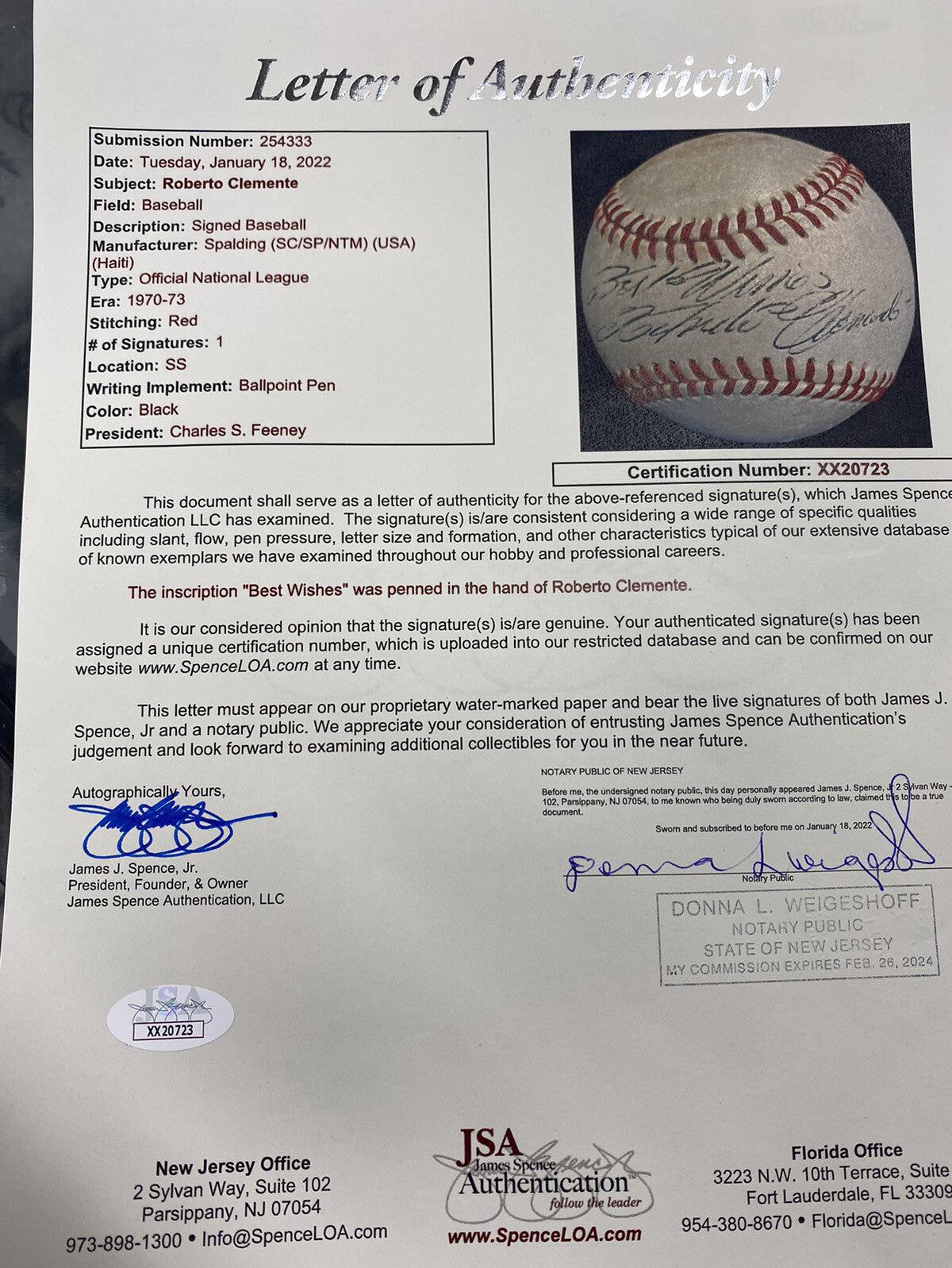 Roberto Clemente Single Signed Official NL Feeney Spalding Baseball JSA LOA