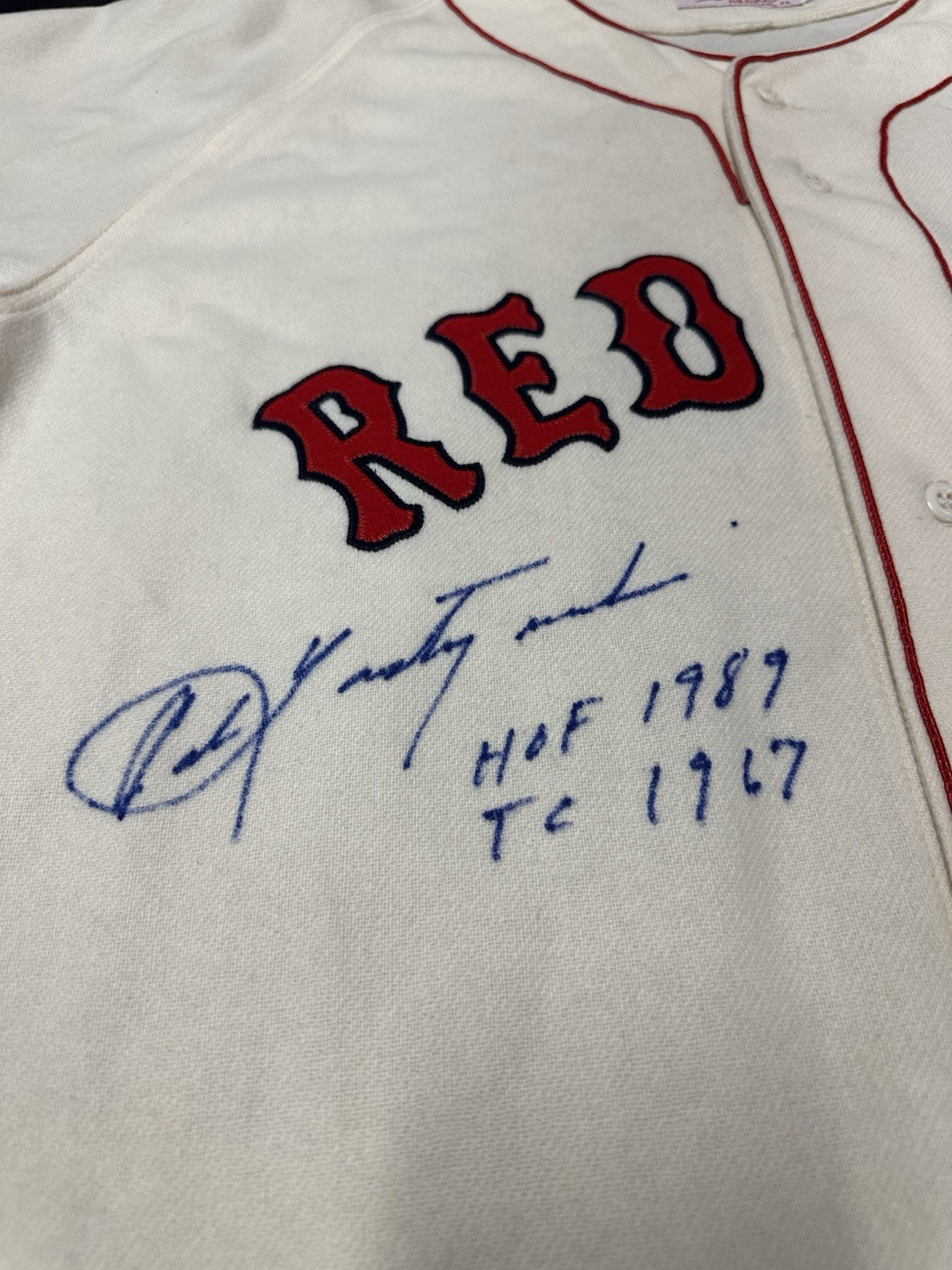 Carl Yastrzemski HOF 89 TC 67 Signed Authentic Mitchell Ness Red Sox Jersey PSA