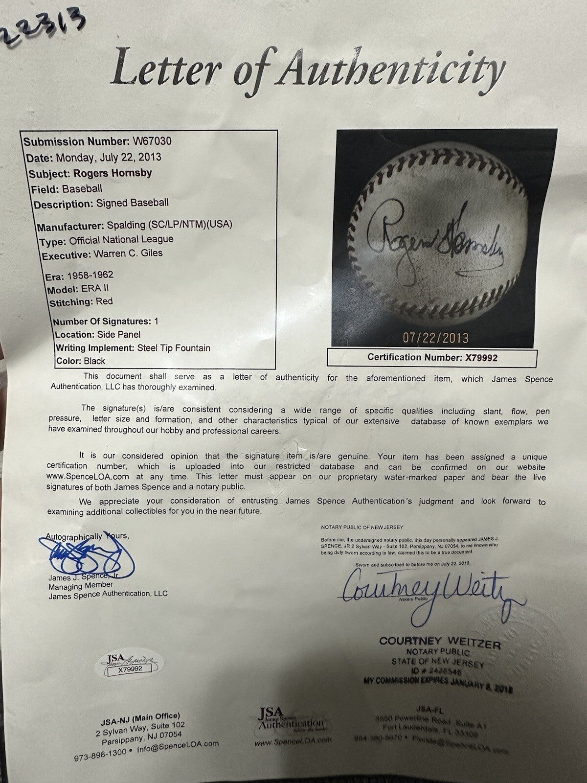 Rogers Hornsby Single Signed Official Warren Giles NL Baseball JSA LOA