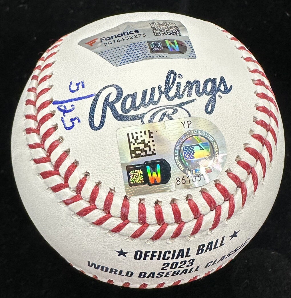 Yoshinobu Yamamoto 23 WBC Champs Signed 2023 WBC Logo Stat Baseball MLB Holo Fan