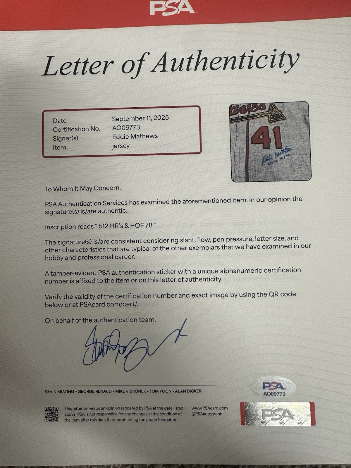 Eddie Mathews HOF 78 512 HR Signed Authentic Braves Mitchell Ness Jersey PSA LOA