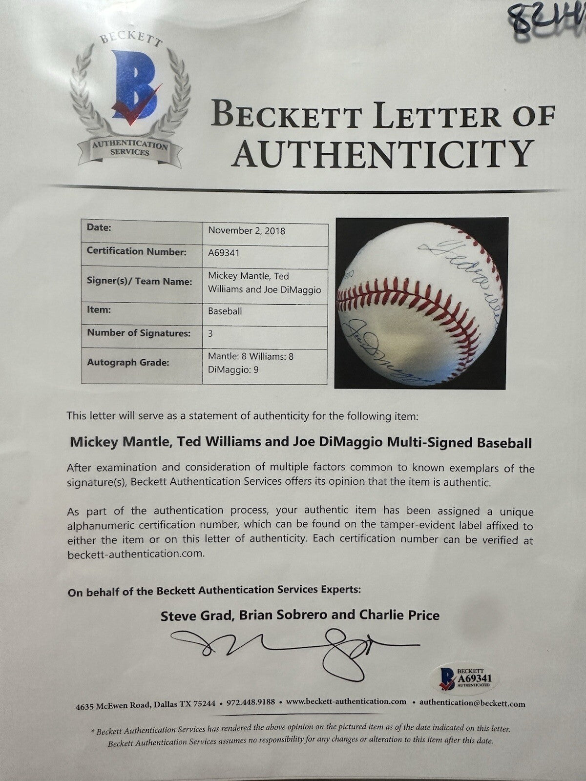 Ted Williams Mickey Mantle Joe DiMaggio Signed Baseball PSA Beckett LOA