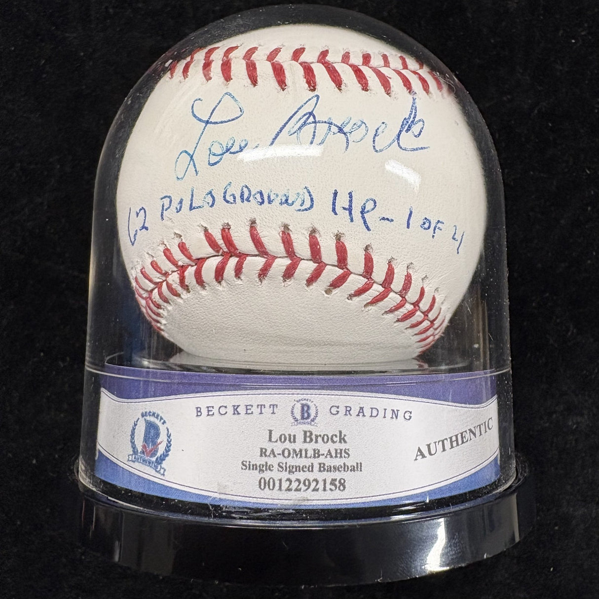 Lou Brock 62 Polo Ground HR - 1/4 Signed Baseball Encapsulated BAS JSA Witness