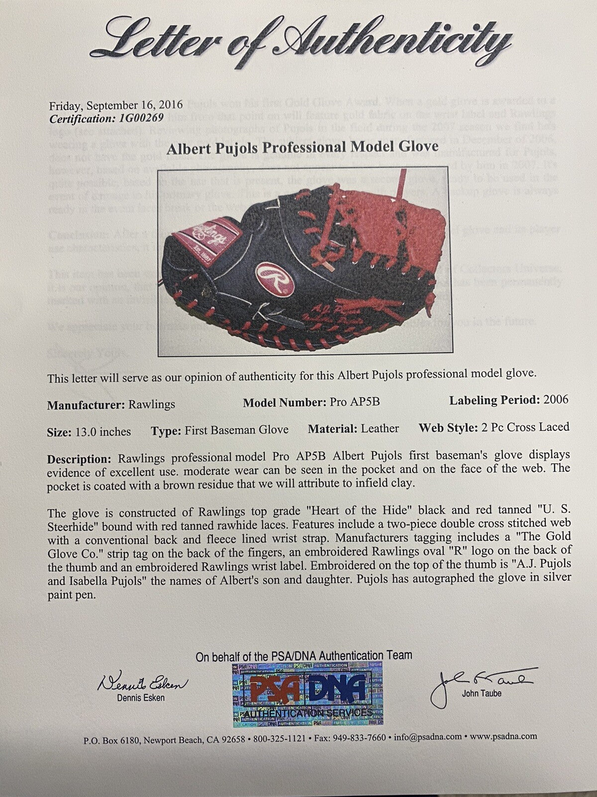 Albert Pujols Game Used B/U Signed Rawlings Heart of the Hide Glove PSA/DNA LOA