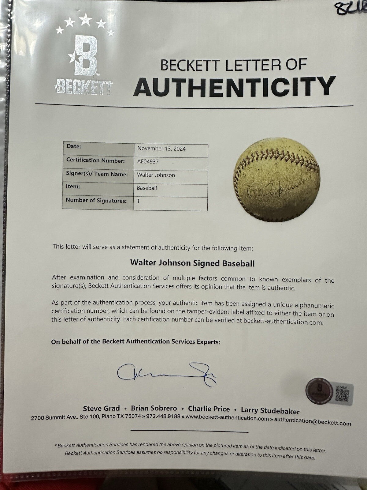 Walter Johnson Single-Signed Baseball PSA/DNA Beckett LOA