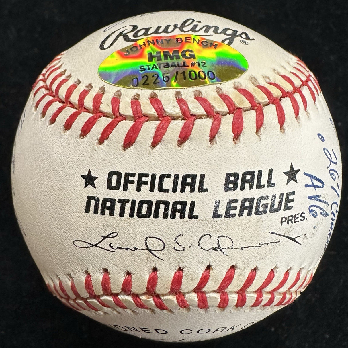 Johnny Bench HOF 89 MVP ROY Signed RJ Stat Baseball Reggie Jackson Holo