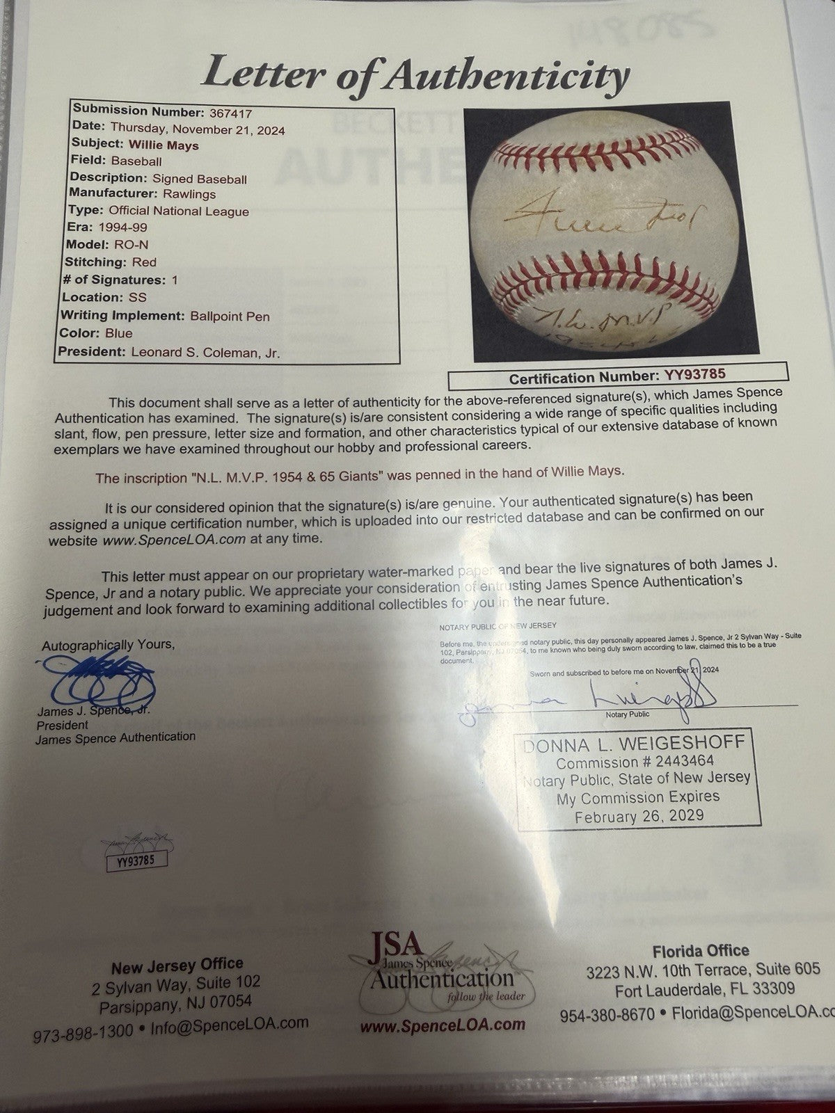 Willie Mays NL MVP 1954 & 65 Giants Signed Baseball JSA LOA