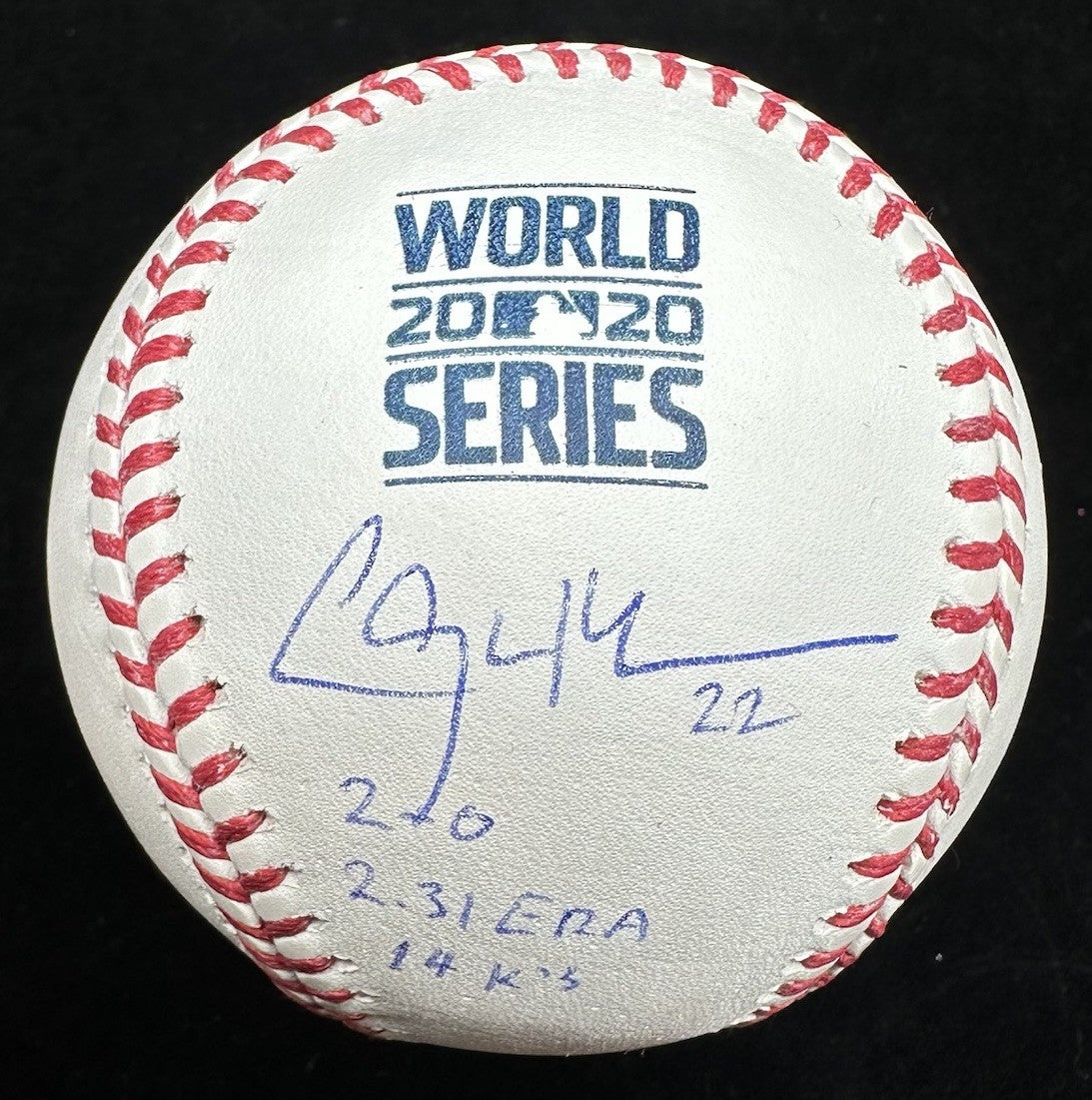 Clayton Kershaw Signed 2020 World Series Stat Logo Baseball Beckett BAS Witness