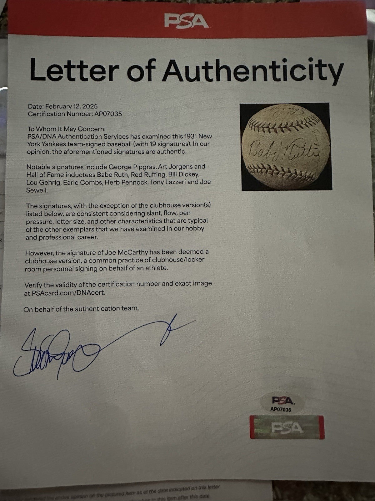 Babe Ruth Lou Gehrig 1931 New York Yankees Team Signed Baseball PSA/DNA LOA
