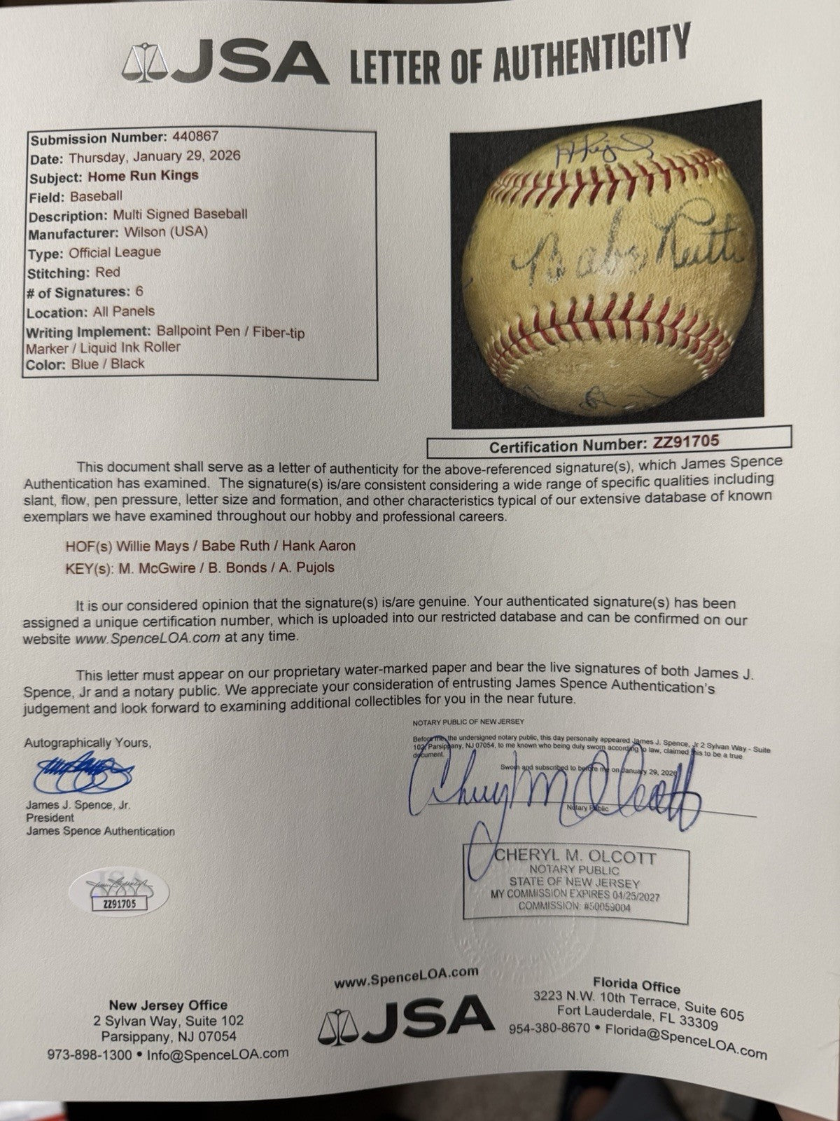 Babe Ruth Barry Bonds Aaron Pujols+ 700 HR Club Signed Baseball BAS JSA LOA