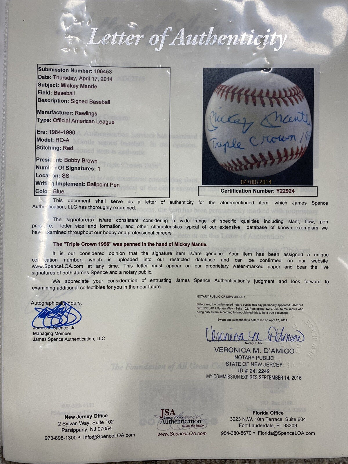 Mickey Mantle Triple Crown 1956 Signed Baseball JSA LOA TC