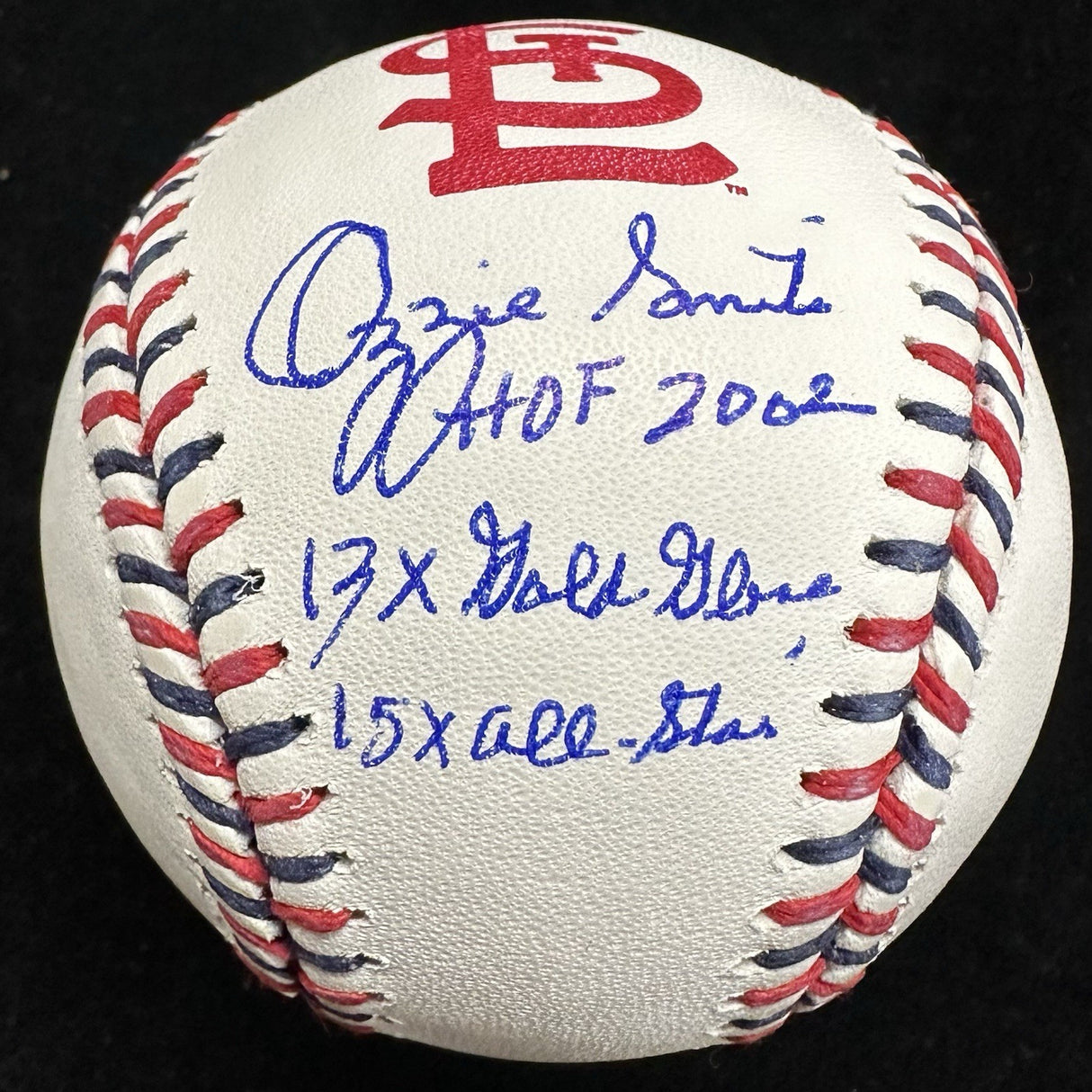Ozzie Smith HOF 2002 Stat Signed Cardinals Team Stitch Logo Baseball Fanatics