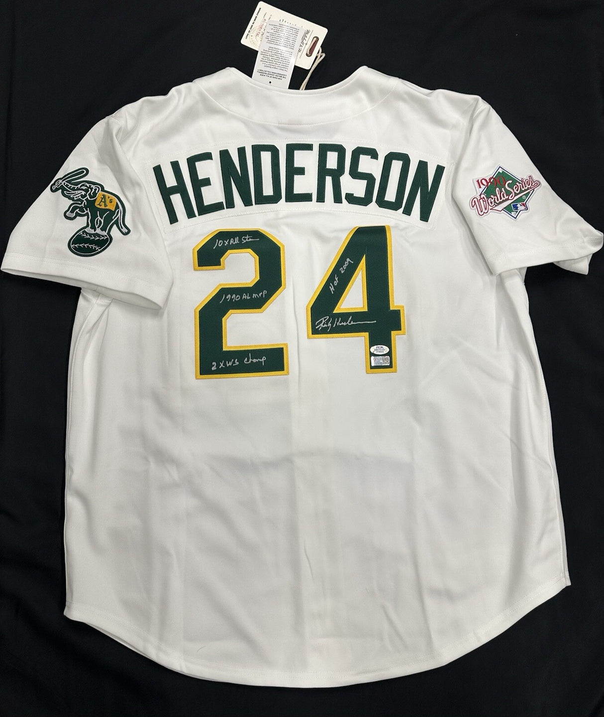 Rickey Henderson HOF MVP Signed Athletics Stat Mitchell Ness Jersey Tristar PSA