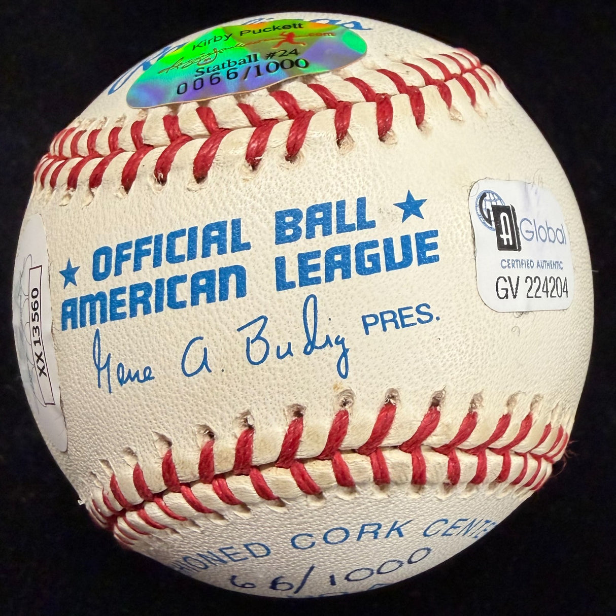 Kirby Puckett HOF 01 Signed Reggie Jackson RJ Stat Baseball Complete Box BagHolo