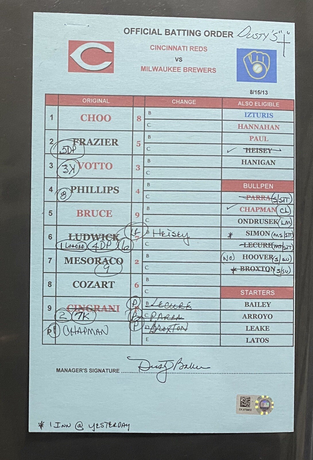 Reds @ Brewers 8/15/13 (Pair) Manager Lineup Cards MLB Holo