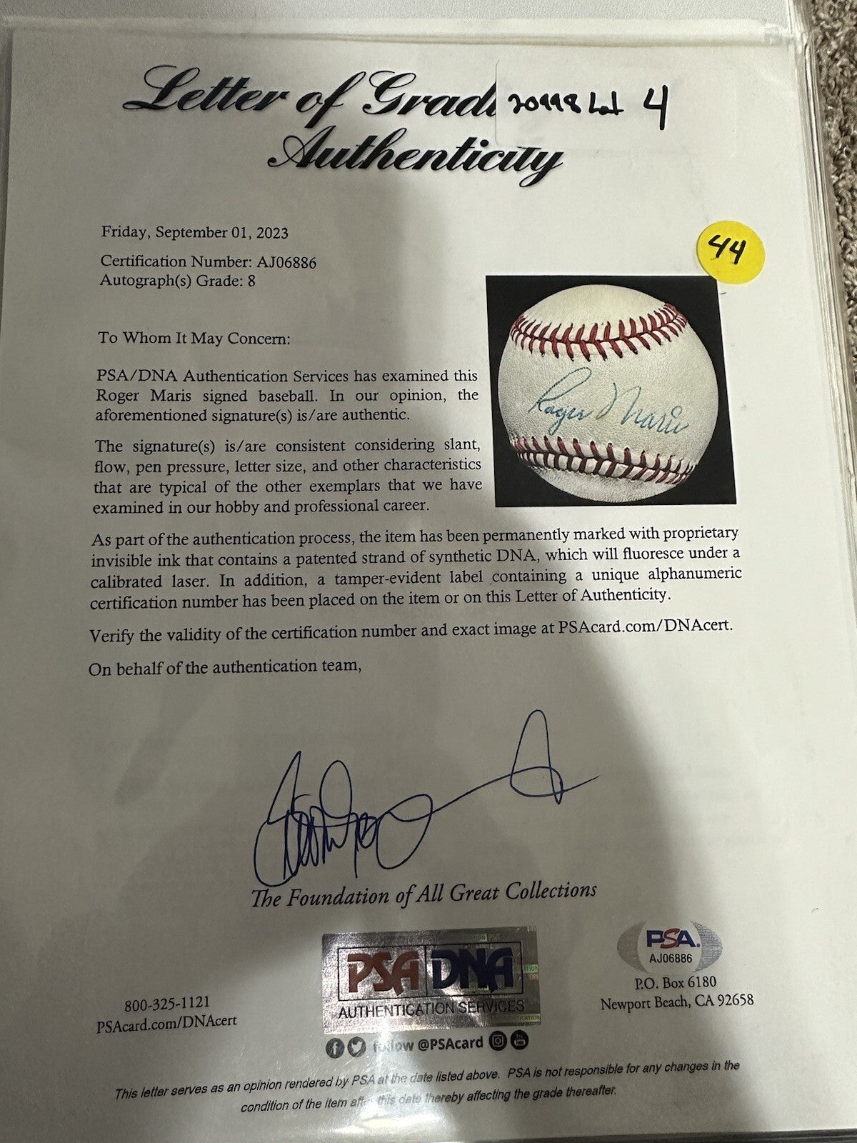 Roger Maris Signed Period Auto Signature Baseball Cronin PSA LOA Geddy Lee