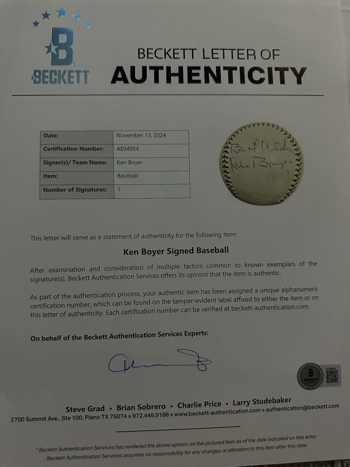 Ken Boyer Signed Game Used Home Run Baseball Beckett PSA/DNA LOA