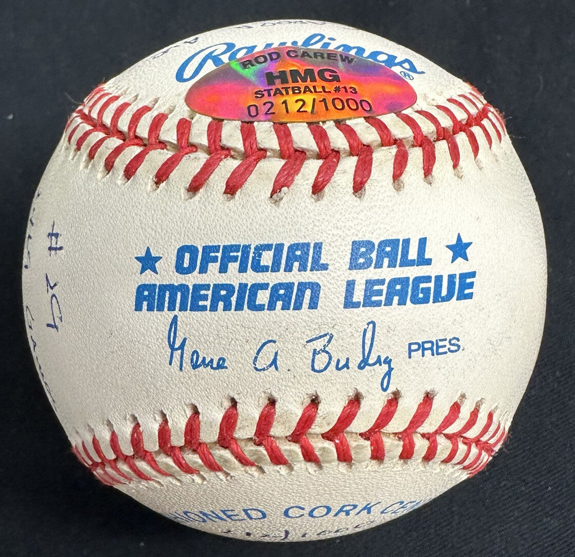 Rod Carew HOF 91 Signed Reggie Jackson Stat Baseball RJ Hologram