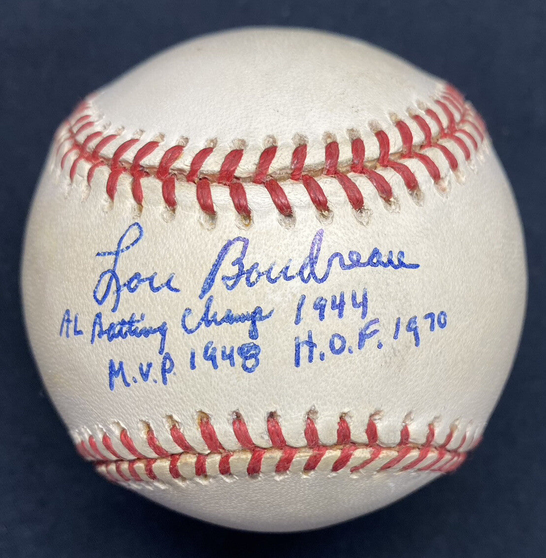 Lou Boudreau HOF 1970 MVP 1948 Batting Champ 1944 Signed Stat Baseball JSA