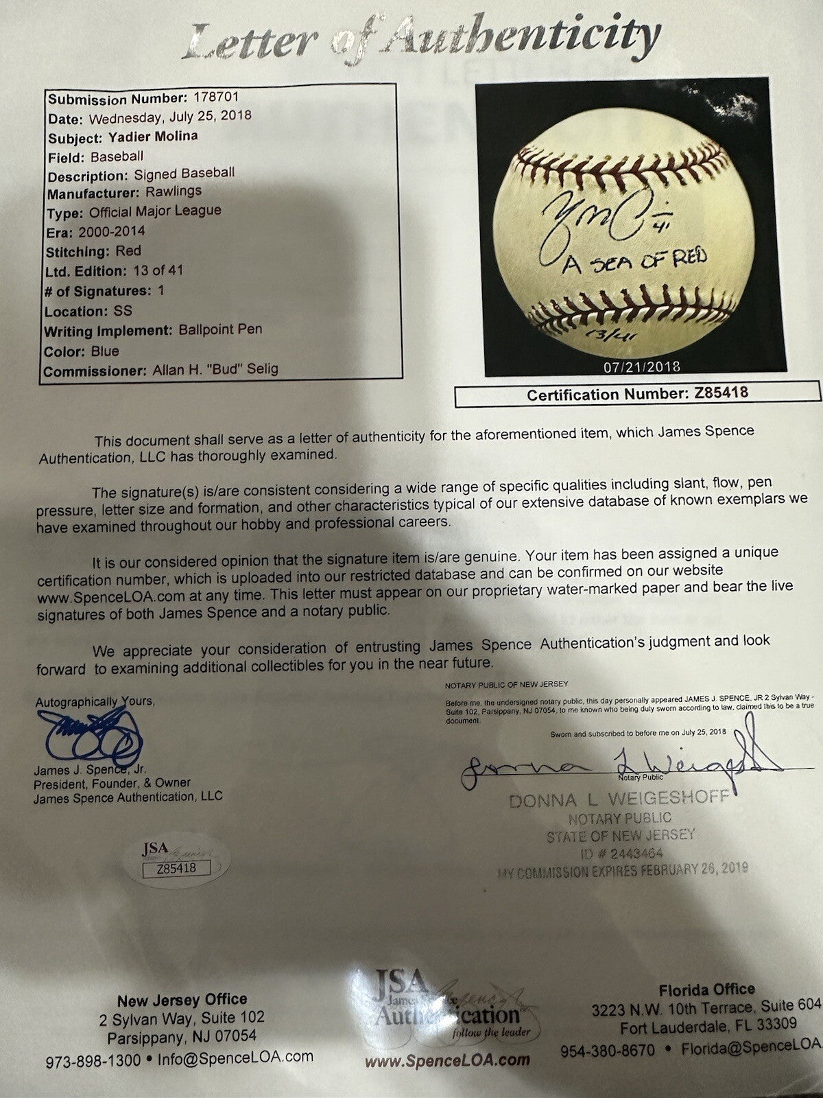 Yadier Molina A Sea Of Red Signed Early Career Signature Signed Baseball JSA LOA