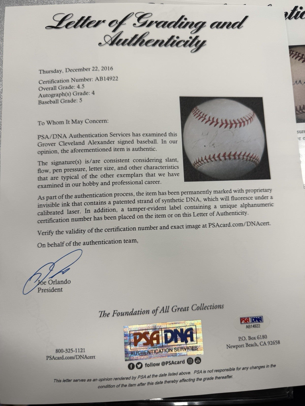 Grover Cleveland Alexander Single-Signed Reach Baseball PSA/DNA LOA Graded 4.5