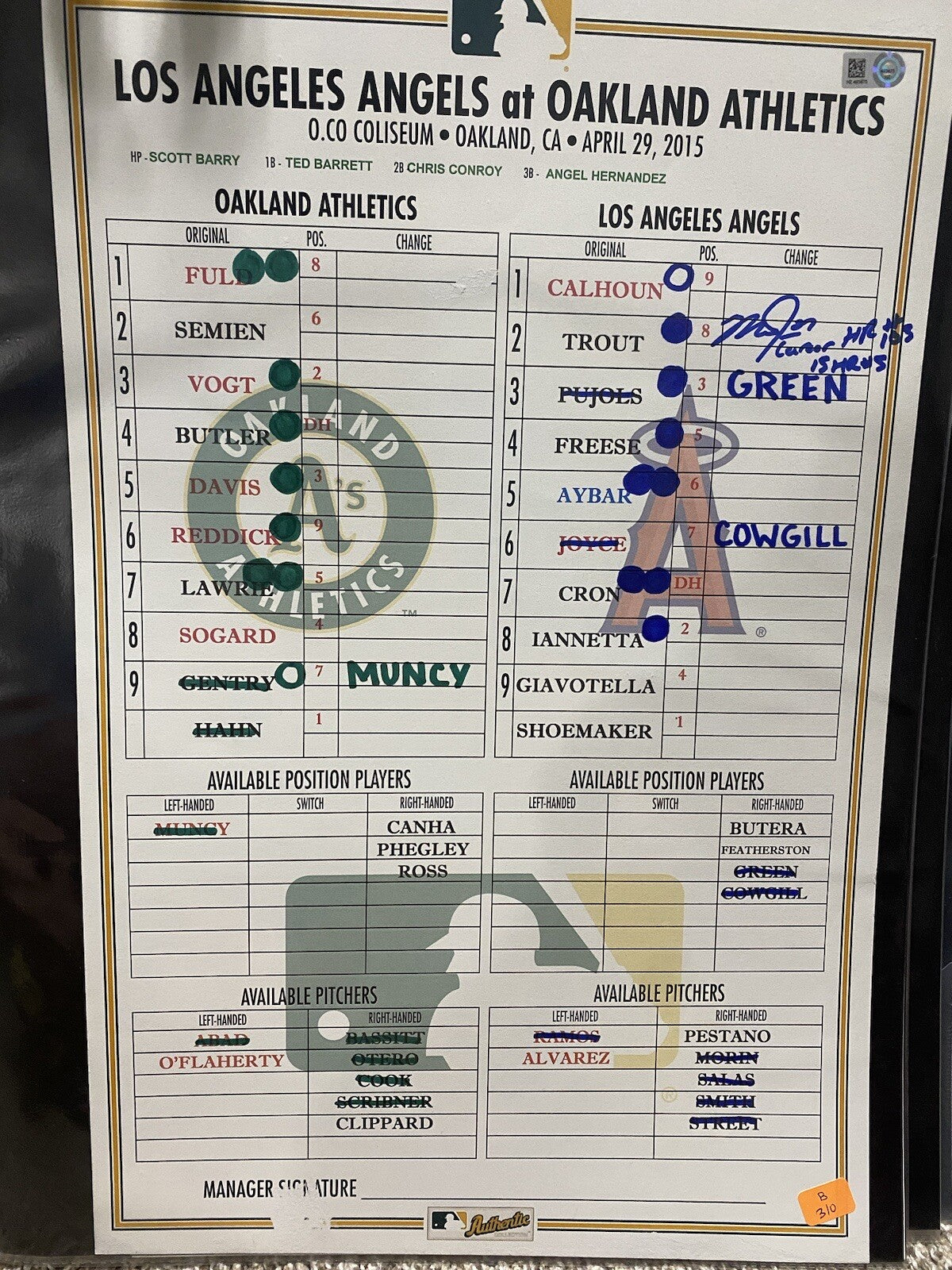 Mike Trout Game Used Signed 4/29/15 Angels @ A’s Lineup Card MLB Holo