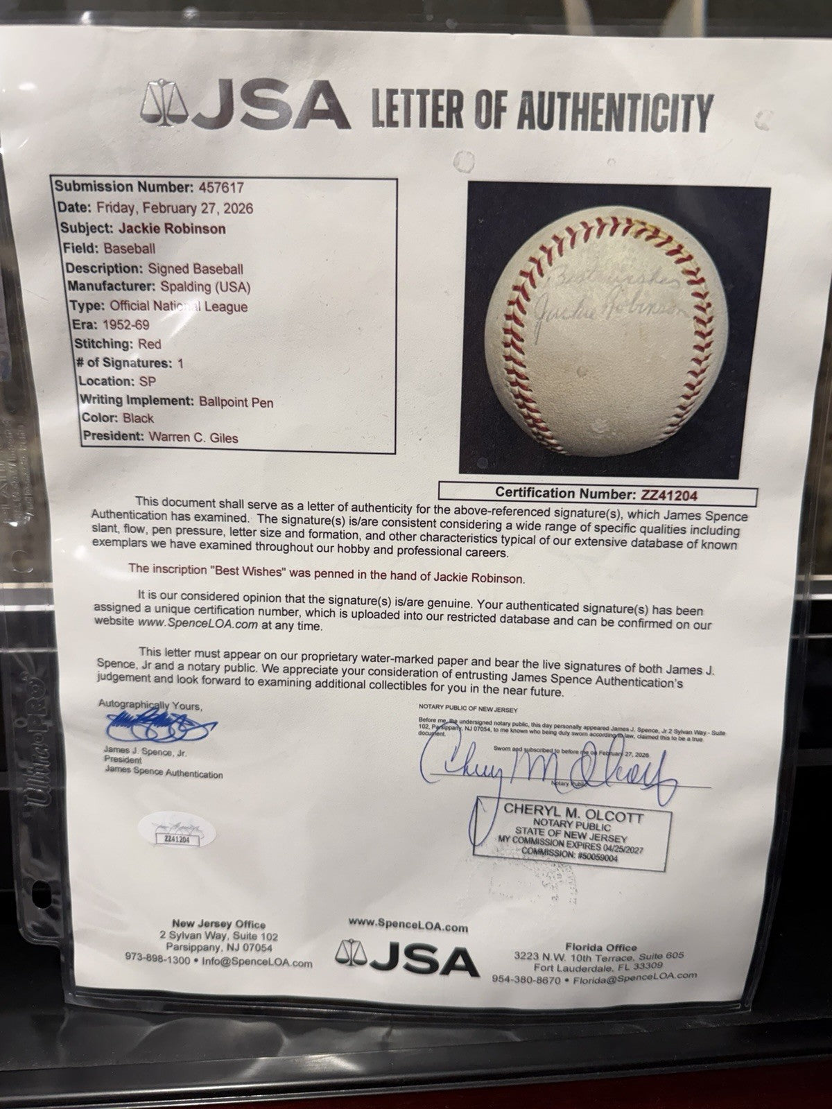 Jackie Robinson Single Signed ONL Giles Baseball JSA LOA
