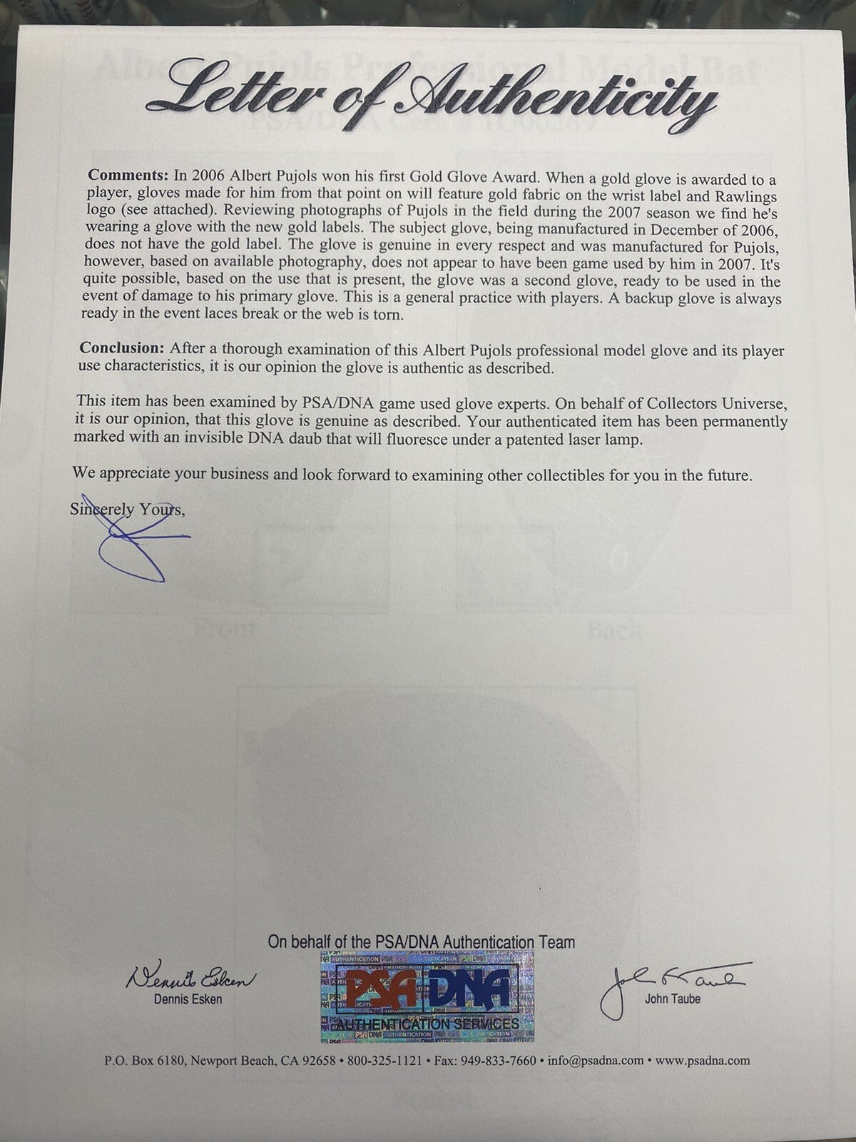 Albert Pujols Game Used B/U Signed Rawlings Heart of the Hide Glove PSA/DNA LOA