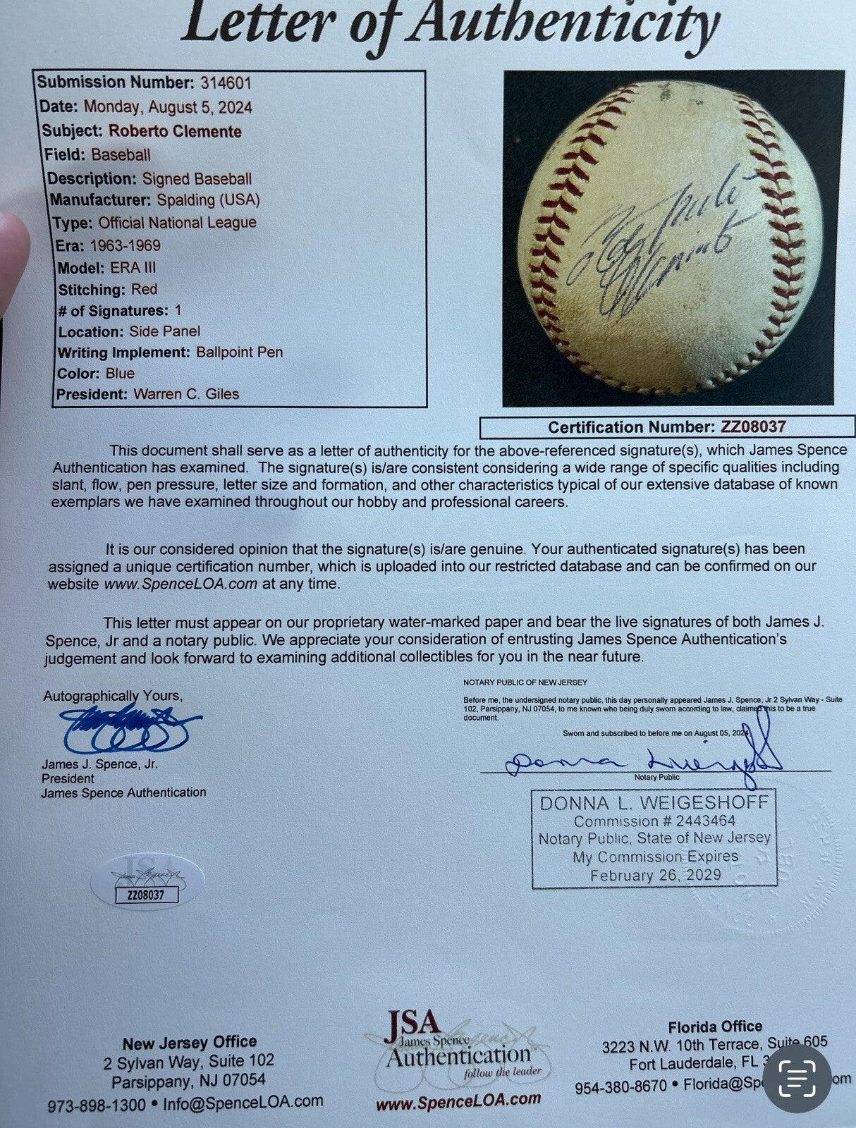 Roberto Clemente Single Signed Official Warren Giles NL Baseball JSA LOA