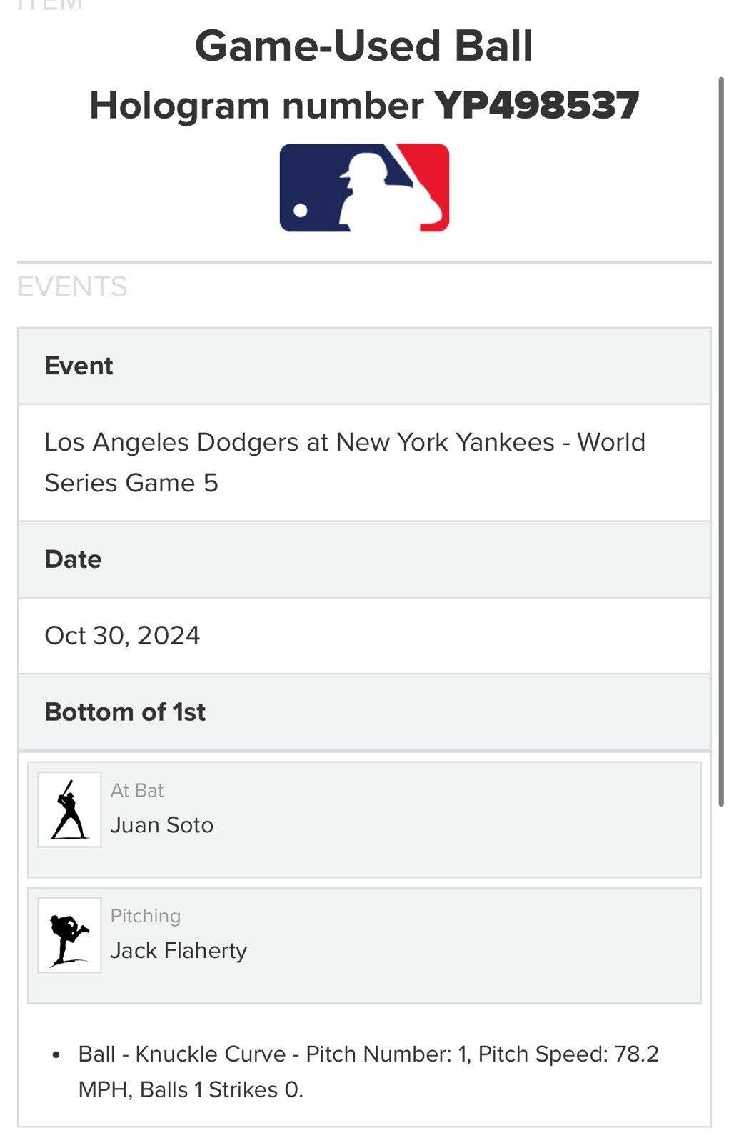 2024 World Series Game 5 Game Used Baseball MLB Holo Shohei Ohtani