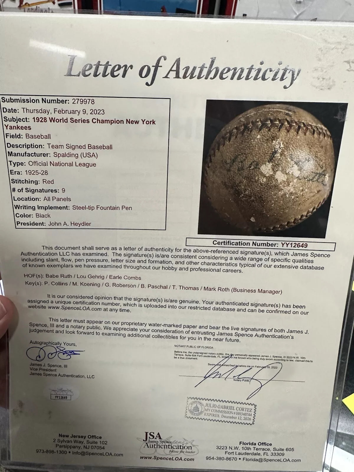 Babe Ruth Lou Gehrig Signed 1928 Yankees Team Signed Baseball JSA BAS LOA