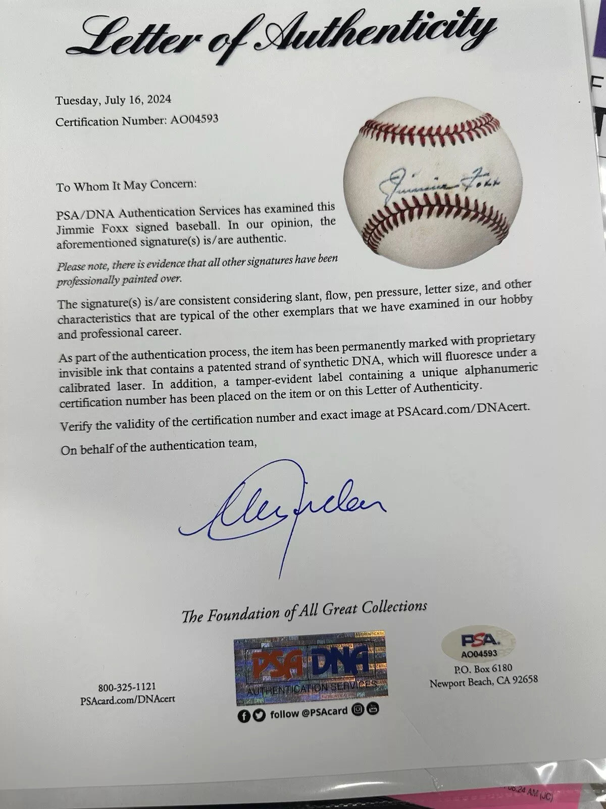 Jimmie Foxx Signed Baseball PSA/DNA LOA READ