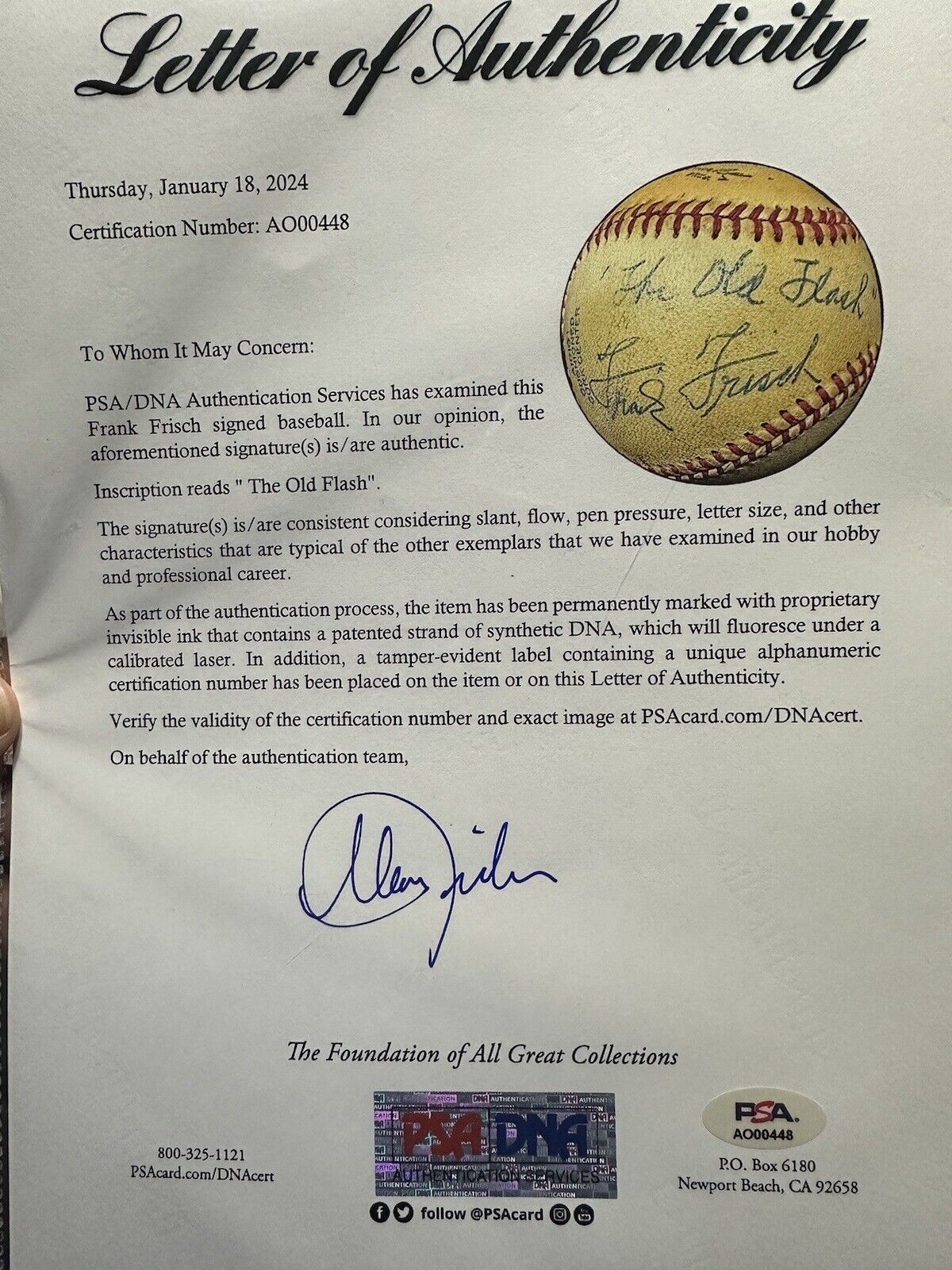 Frankie Frisch The Old Flash Signed Baseball PSA/DNA LOA