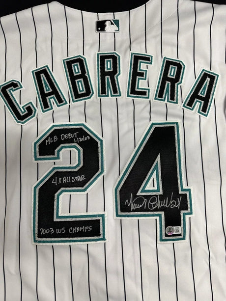 Miguel Cabrera Signed Authentic Florida Marlins Majestic Stat Jersey Beckett Wit