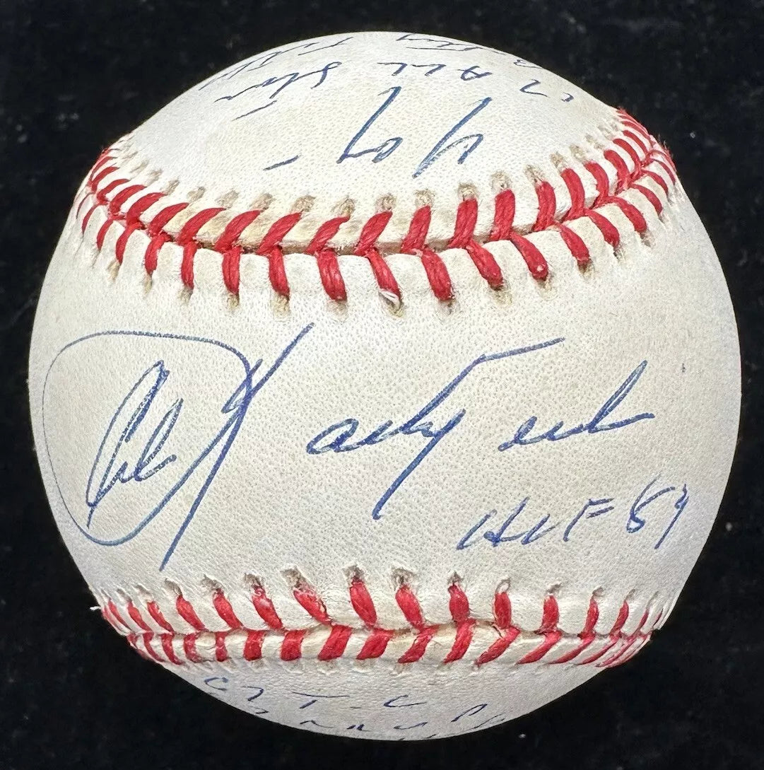 Carl Yastrzemski HOF 89 Signed Stat Baseball JSA