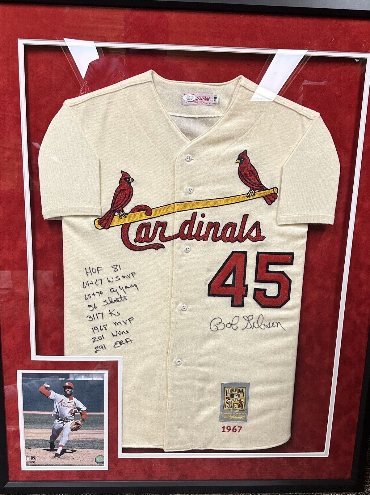 Bob Gibson Signed Authentic Mitchell Mess Cardinals Stat Jersey JSA Framed